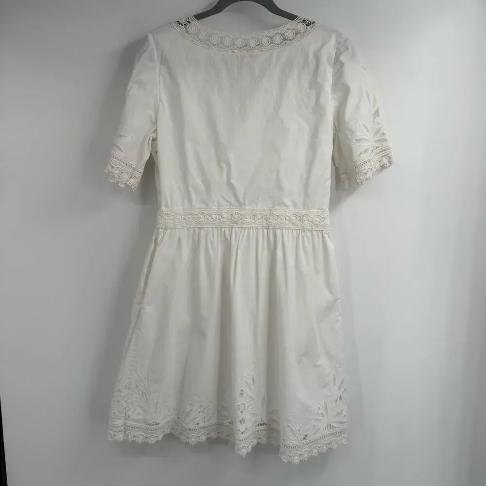 Tory Burch Cotton Lace Trimmed Larissai Dress Womens Sz 4 White Short Sleeve